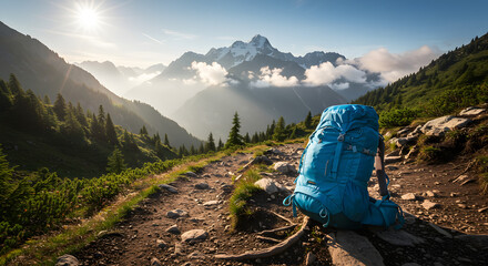 Hiking Backpack on Mountain Trail with Scenic Valley and Snowy Peaks