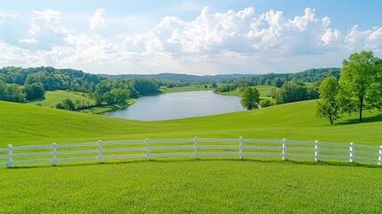 Serene lake view, rolling hills, green pasture, summer day, idyllic landscape, perfect for real estate