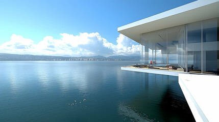 Fototapeta premium Modern glass house overlooking ocean city skyline; architectural design visualization