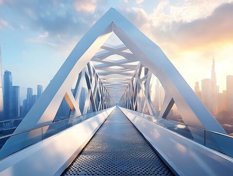 modern bridge with geometric architecture and cityscape