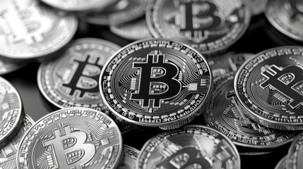 Close-Up of Silver Bitcoin Coins Piled Together Representing Digital Currency in Fintech and Finance Industry