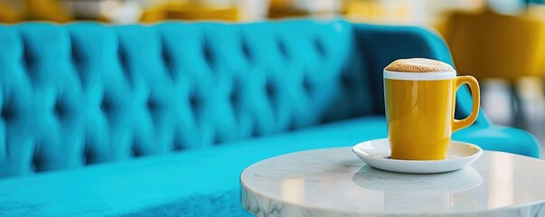 A vibrant coffee cup sits on a marble table beside a plush, turquoise couch in a cozy cafe setting.