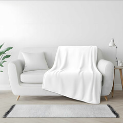 plush fleece Blanket white mockup Single Sofa Simple Scene Front veiw