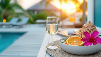 A refreshing drink and tropical fruit spread are elegantly arranged by the poolside, bathed in warm sunset light, creating a serene vacation atmosphere.