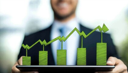 A smiling professional holds a tablet displaying a green, upward-trending graph, symbolizing growth and success in business.