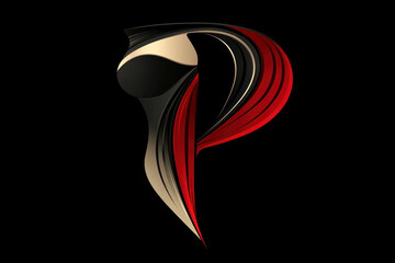 Naklejka premium Bold letter P creatively designed with flowing red and beige shapes, seamlessly integrated with a feminine silhouette, blending elegance and modern typography on a black background.