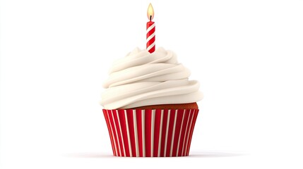 A beautifully decorated cupcake with a single candle on top, set against a plain background