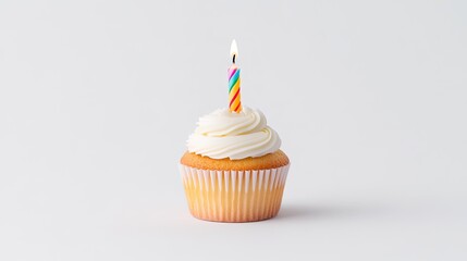 A beautifully frosted cupcake with a colorful candle, set against a clean white background