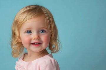 Naklejka premium A young girl with blue eyes and blonde hair smiles gently, her innocence framed by a soft blue background and turquoise background.