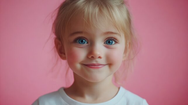 Gazing with calm blue eyes, a young girl with freckles is framed by a soft pink and blue neon fluorescent gradient, creating a gentle feel.