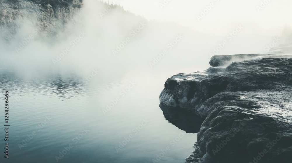 Poster serenity envelops the hot spring with gentle steam rising over rocky edges in a tranquil natural set