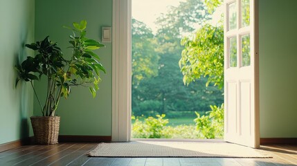 Fototapeta premium Sunlight Drenched Room Opening To Garden