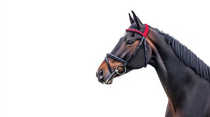 Majestic horse profile with elegant bridle against a clean white background, highlighting its beauty