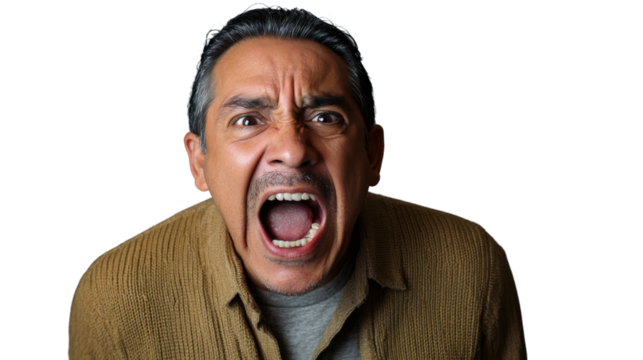 Furious mature man shouting with transparent background