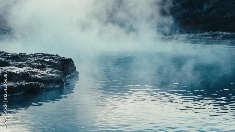 Poster serene hot spring with steam rising above rocky edges in a tranquil natural setting. generative ai
