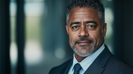 Fototapeta premium Confident African American Male Entrepreneur in a Stylish Suit Looking Professional and Successful in a Modern Business Environment with a Strong and Determined Expression