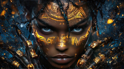 Obraz premium Futuristic portrait of a woman with glowing tribal patterns and cybernetic enhancements