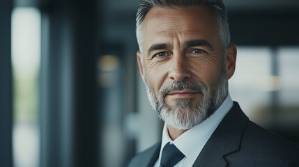 Confident Caucasian Male Entrepreneur in a Stylish Suit Smiling in a Modern Business Environment, Representing Leadership, Success, and Professionalism