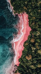 Naklejka premium Aerial view of pink beach, turquoise ocean, lush green forest. Possible use Travel brochure, wallpaper, nature documentary
