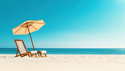 Tropical Beach Paradise: Relaxing on White Sand Under a Sunny Umbrella