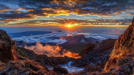 Breathtaking sunset over a volcanic landscape with clouds rolling in the foreground