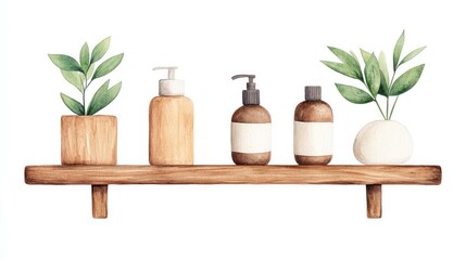A wooden shelf displaying various natural skincare products and plants in a minimalist setting