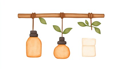 Artistic illustration of hanging orange bottles with leaves on a branch and two cubes nearby