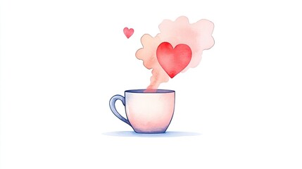 A whimsical watercolor illustration of a steaming mug with heart-shaped steam, symbolizing love