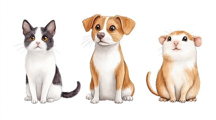 Cute illustrated pets featuring a cat, dog, and guinea pig sitting together on a white background
