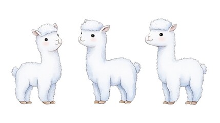 Three adorable cartoon alpacas standing in different poses against a plain background