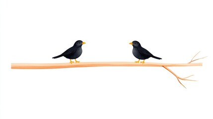 Two black birds perched on a branch, set against a minimalist white background, showcasing nature