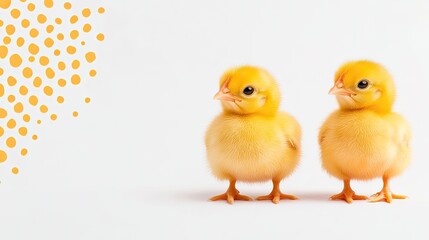 Two fluffy yellow chicks standing side by side against a white background with a dotted design