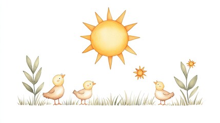 Three cute chicks enjoying a sunny day in a vibrant garden with flowers and greenery