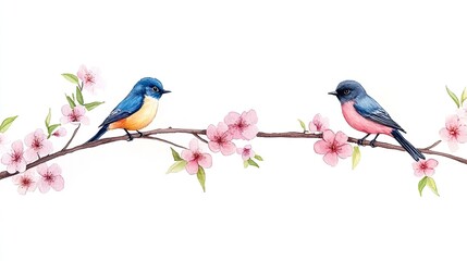 Two colorful birds perched on a branch surrounded by blooming pink flowers in a serene setting