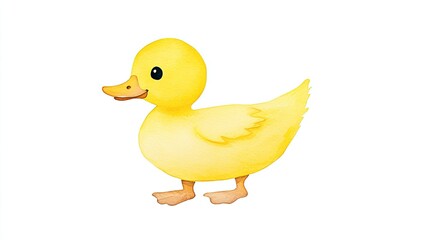 Cute cartoon yellow duckling standing on a white background, ideal for children's illustrations