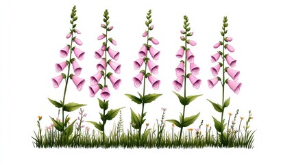 Vibrant pink foxglove flowers standing tall amidst lush green grass in a serene garden setting