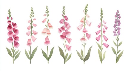 A vibrant illustration of foxglove flowers in various shades, showcasing nature's beauty