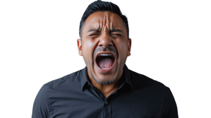 Businessman shouting with transparent background: expressing extreme emotion