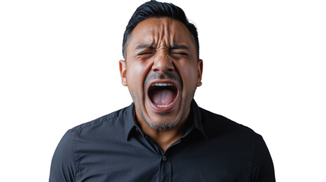 Businessman shouting with transparent background: expressing extreme emotion