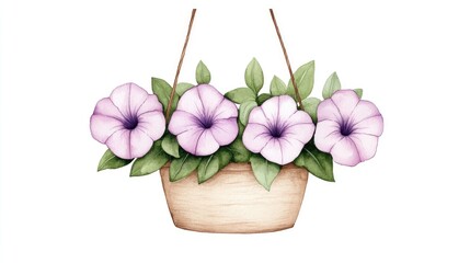 Beautiful watercolor illustration of a basket filled with vibrant petunia flowers and leaves