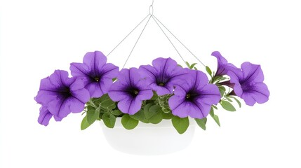Vibrant purple petunias in a hanging planter, showcasing their beauty against a white background