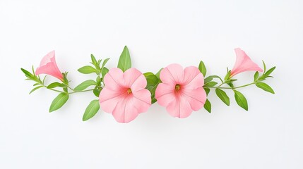Delicate pink petunias arranged harmoniously with green leaves on a clean white background