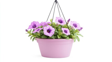 Hanging pot filled with vibrant purple petunia flowers against a white background