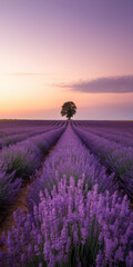 Fototapeta premium Stunning lavender field at sunset with a lone tree