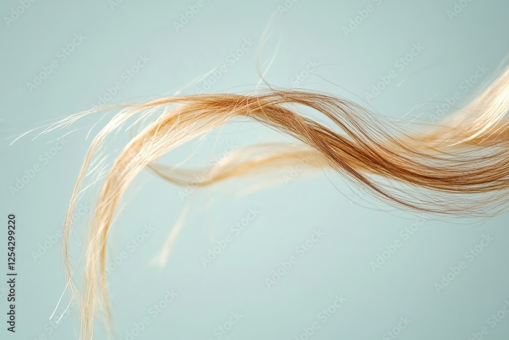 Poster Close up view of a broken strand of hair against a soft blue background highlighting texture and detail. Generative AI