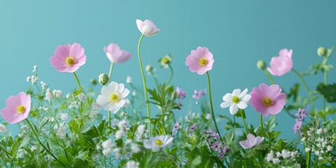 Obraz premium Colorful Spring Flowers Blooming Against a Teal Background