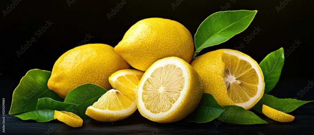 Poster fresh lemons with green leaves arranged on a dark background creating a vibrant and colorful display