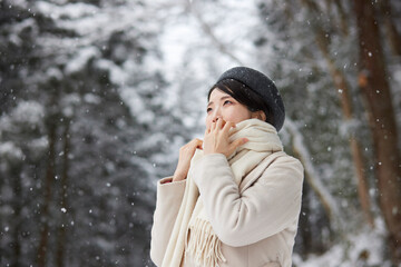冬の雪国に佇むマフラーを巻いた日本人女性
