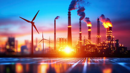 image depicts contrast between renewable and non renewable energy sources, showcasing wind turbines alongside factory