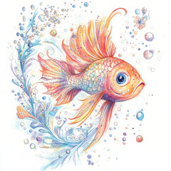 Whimsical boho fish swims happily in watercolor dreamscape
